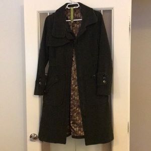 Green herringbone long peacoat.